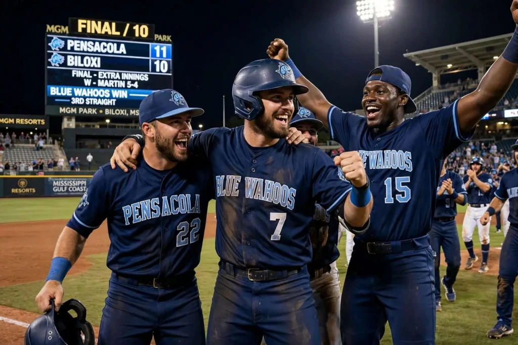 Illustration for the news story: Blue Wahoos Survive Late Home Run Barrage to Edge Biloxi 11-10 in Extra Innings