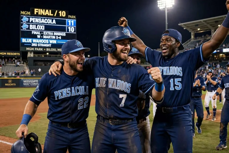 Illustration for the news story: Blue Wahoos Survive Late Home Run Barrage to Edge Biloxi 11-10 in Extra Innings