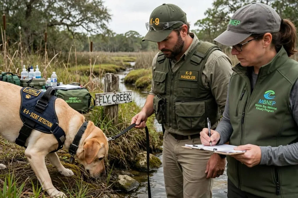 Illustration for the news story: Bomb-Sniffing Dogs Helped Fairhope Track Sewage Leaks in Fly Creek, Officials Say