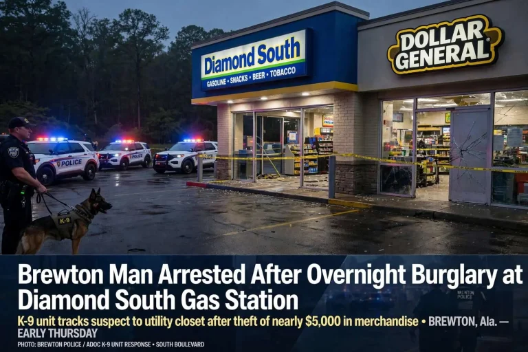Illustration for the news story: Brewton Man Arrested After Overnight Burglary at Diamond South Gas Station