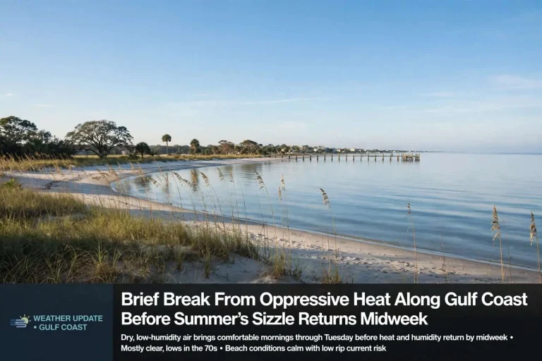 Illustration for the news story: Brief Break From Oppressive Heat Along Gulf Coast Before Summer’s Sizzle Returns Midweek