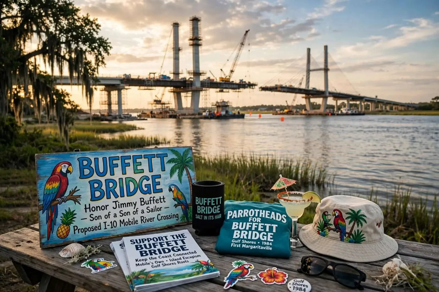Illustration for the news story: ‘Buffett Bridge’ Push Gains Steam: Should Mobile’s New I-10 Crossing Honor Jimmy Buffett?