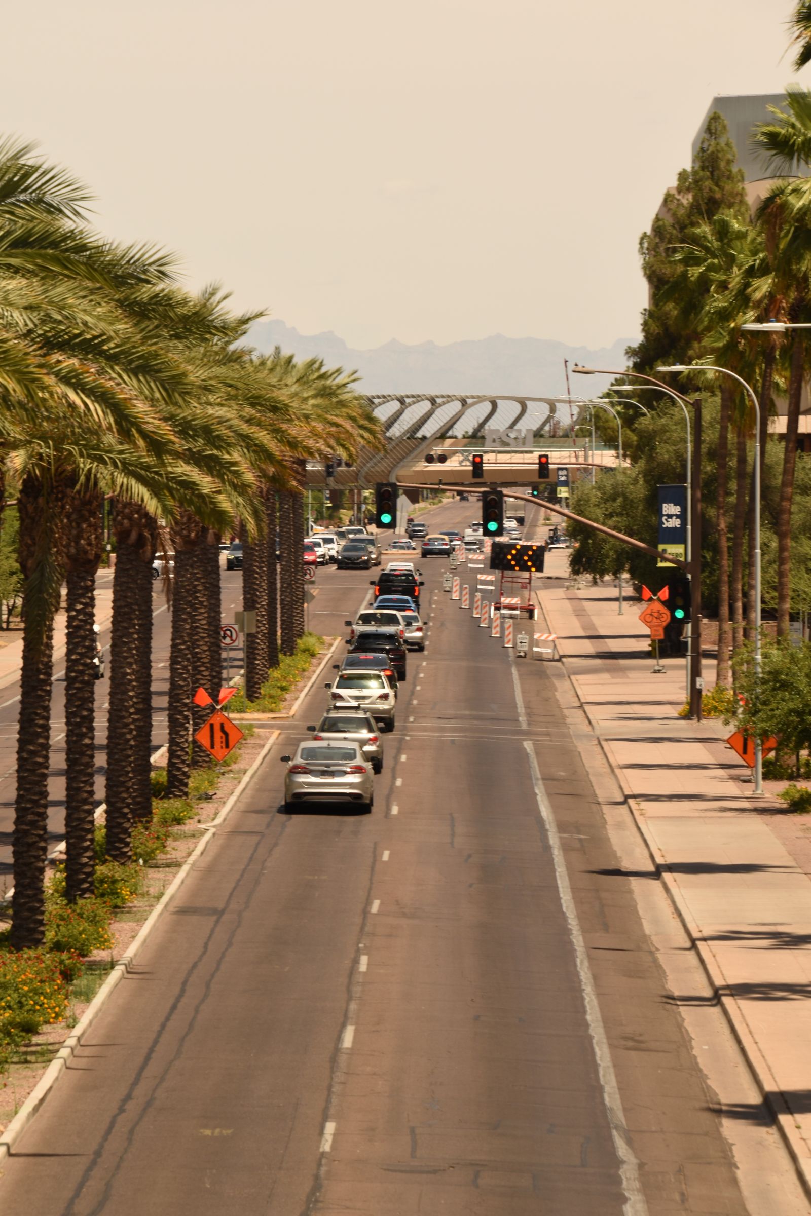 Cars traveling along a busy multi-lane road lined with palm trees