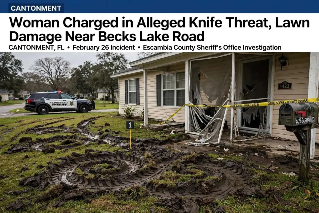 Illustration for the news story: Cantonment Woman Charged in Alleged Knife Threat, Lawn Damage Near Becks Lake Road