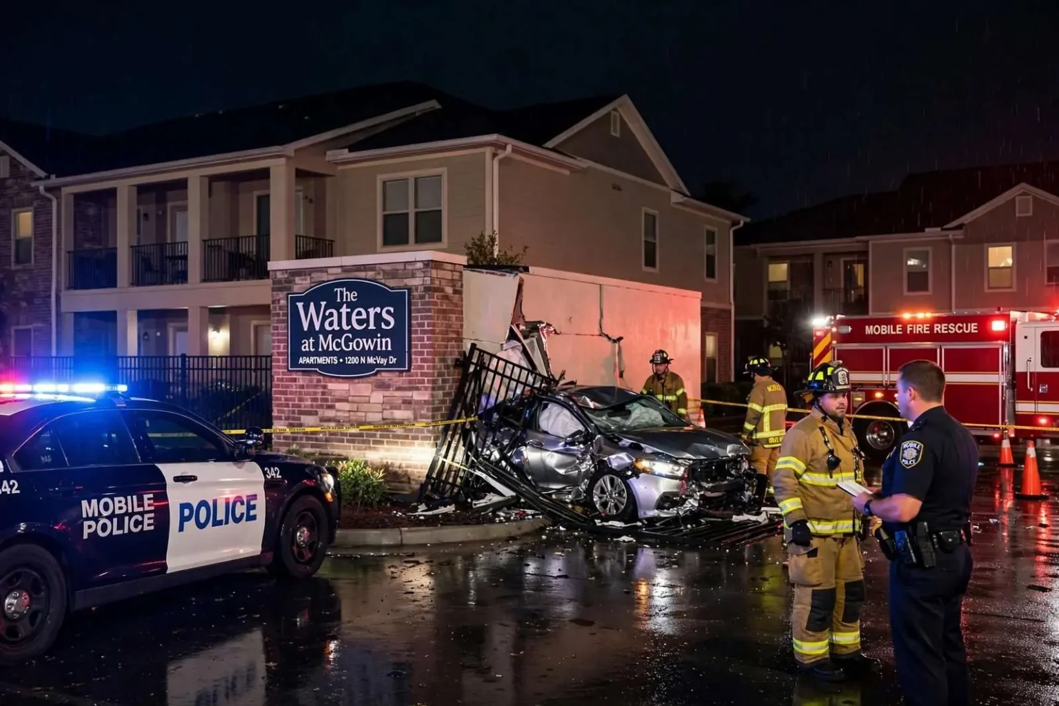 Illustration for the news story: Car Crashes Into Mobile Apartment Building at Waters at McGowin Complex
