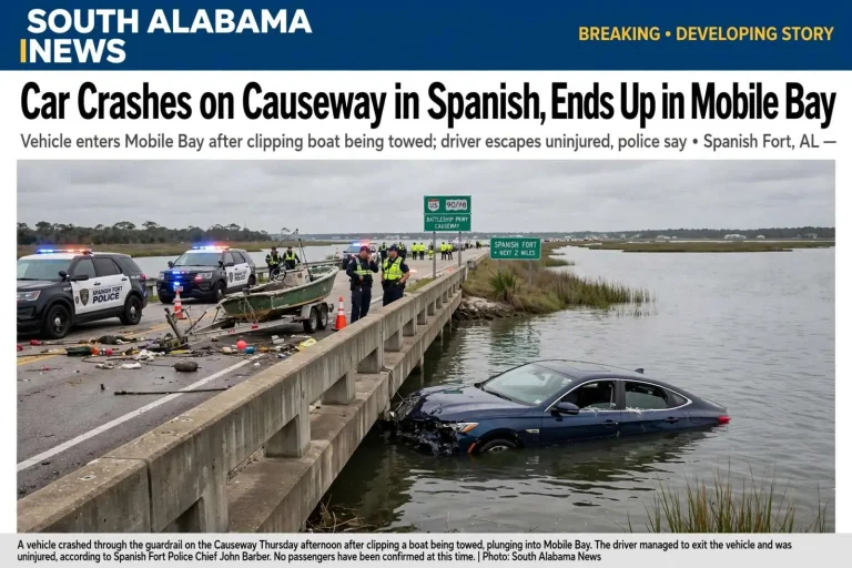 Illustration for the news story: Car Crashes on Causeway in Spanish Fort, Ends Up in Mobile Bay