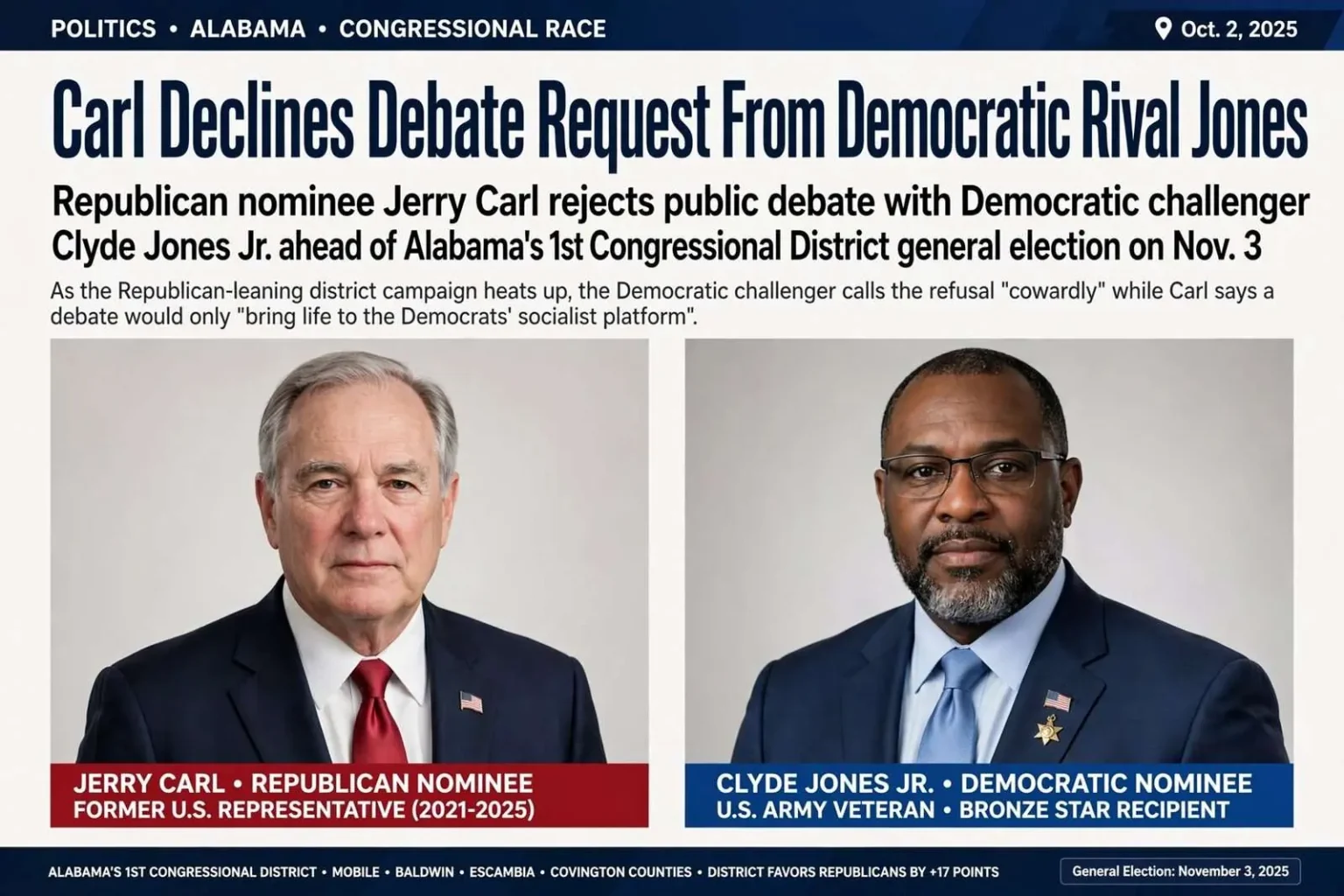 Illustration for the news story: Carl Declines Debate Request From Democratic Rival Jones Ahead of CD-1 General Election