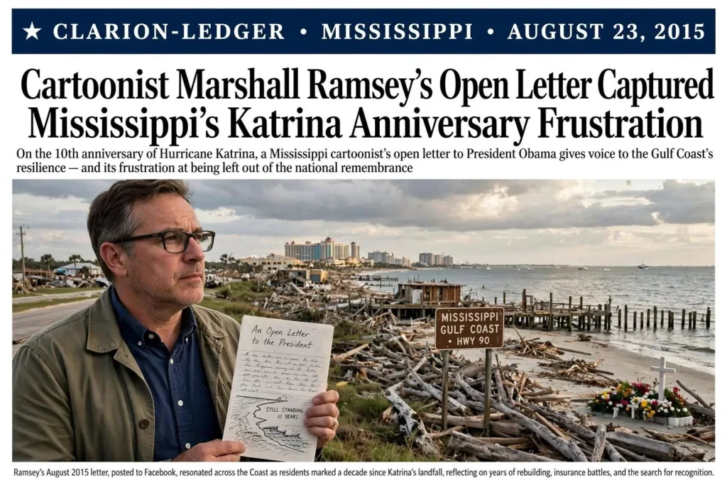 Illustration for the news story: Cartoonist Marshall Ramsey’s Open Letter Captured Mississippi’s Katrina Anniversary Frustration