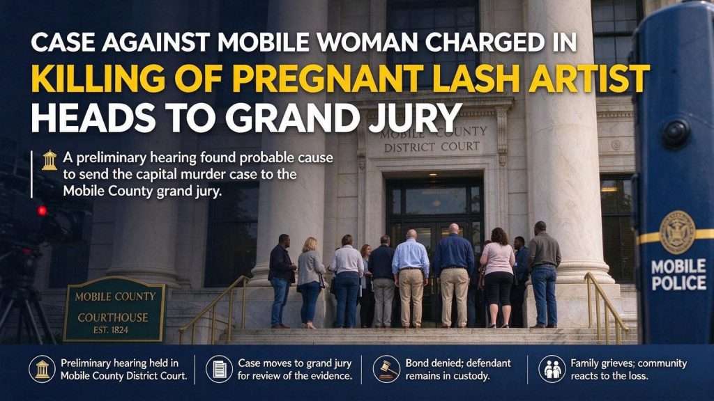 Illustration for the news story: Case Against Mobile Woman Charged in Killing of Pregnant Lash Artist Heads to Grand Jury