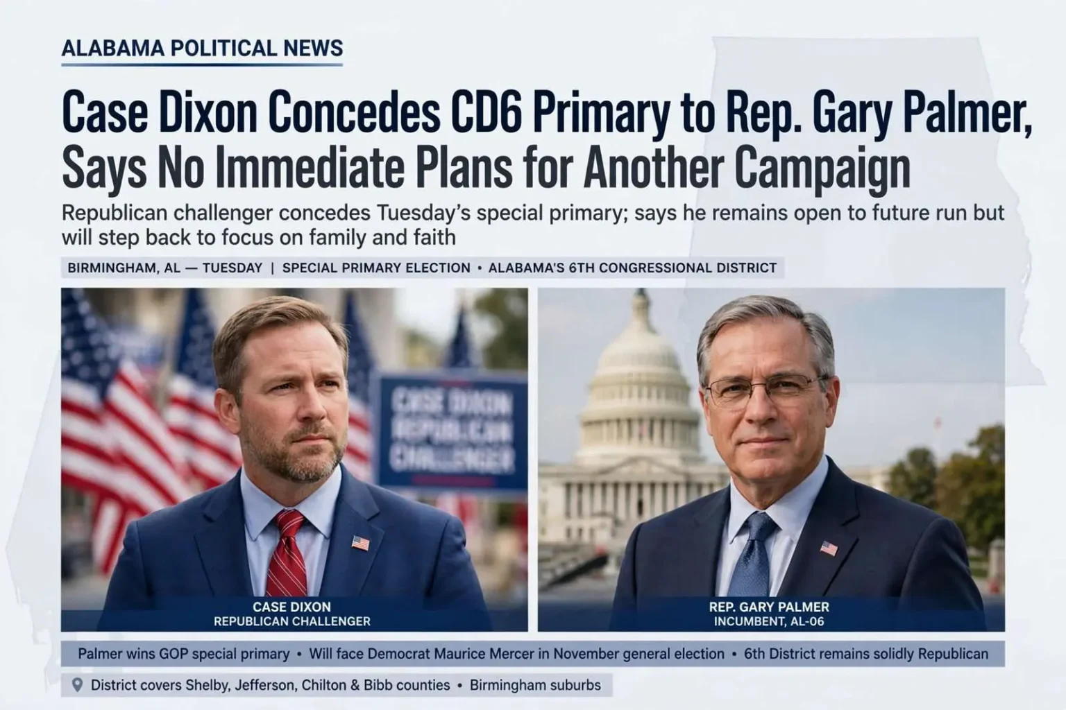 Illustration for the news story: Case Dixon Concedes CD6 Primary to Rep. Gary Palmer, Says No Immediate Plans for Another Campaign