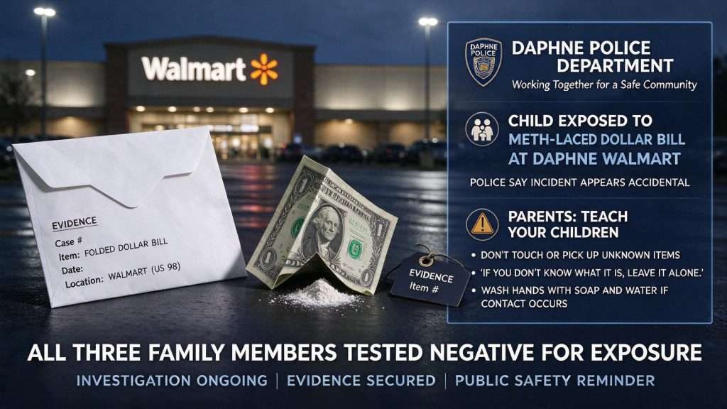 Illustration for the news story: Child Exposed to Meth-Laced Dollar Bill at Daphne Walmart, Police Say Incident Appears Accidental