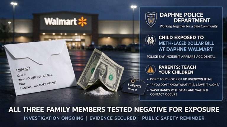 Illustration for the news story: Child Exposed to Meth-Laced Dollar Bill at Daphne Walmart, Police Say Incident Appears Accidental