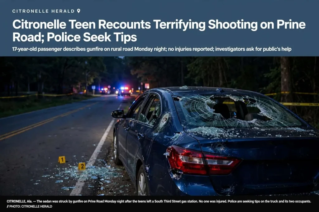 Illustration for the news story: Citronelle Teen Recounts Terrifying Shooting on Prine Road; Police Seek Tips