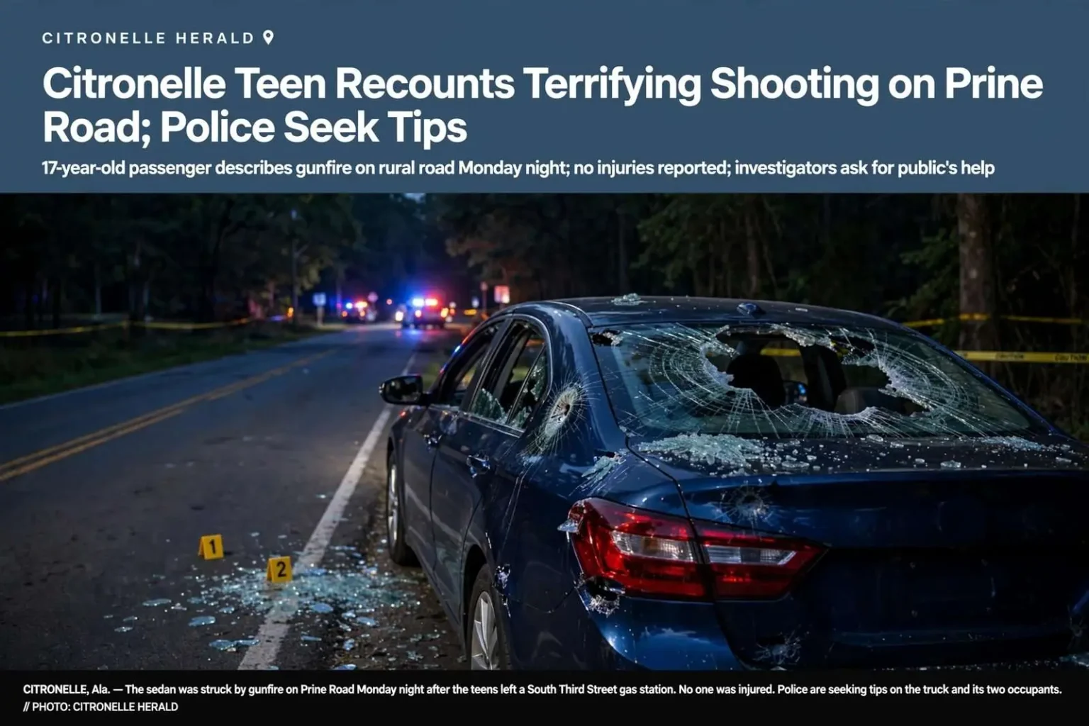 Illustration for the news story: Citronelle Teen Recounts Terrifying Shooting on Prine Road; Police Seek Tips