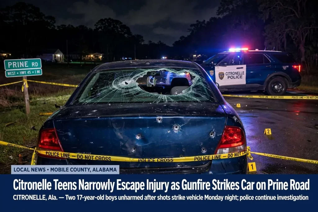 Illustration for the news story: Citronelle Teens Narrowly Escape Injury as Gunfire Strikes Car on Prine Road
