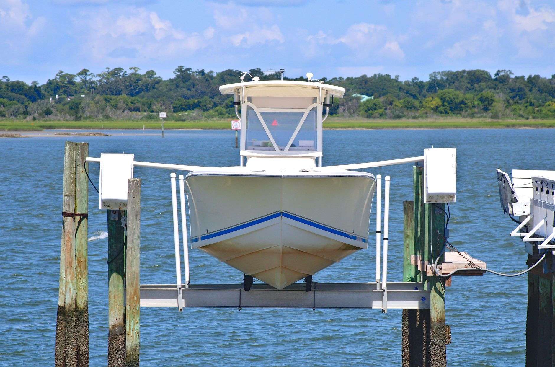Boat launch and marina dock on a bay