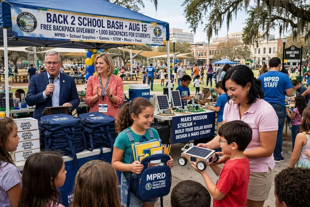 Illustration for the news story: City of Mobile’s Back 2 School Bash Sends 1,000 Backpacks Home With Students at Mardi Gras Park