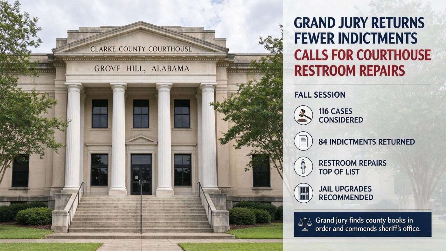 Illustration for the news story: Clarke County Grand Jury Returns Fewer Indictments, Calls for Courthouse Restroom Repairs