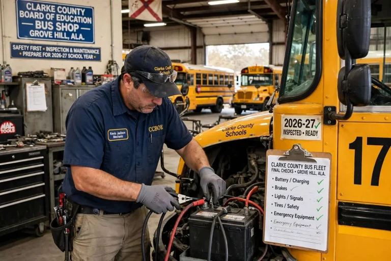 Illustration for the news story: Clarke County School Bus Fleet Gets Final Checks Ahead of First Day Back