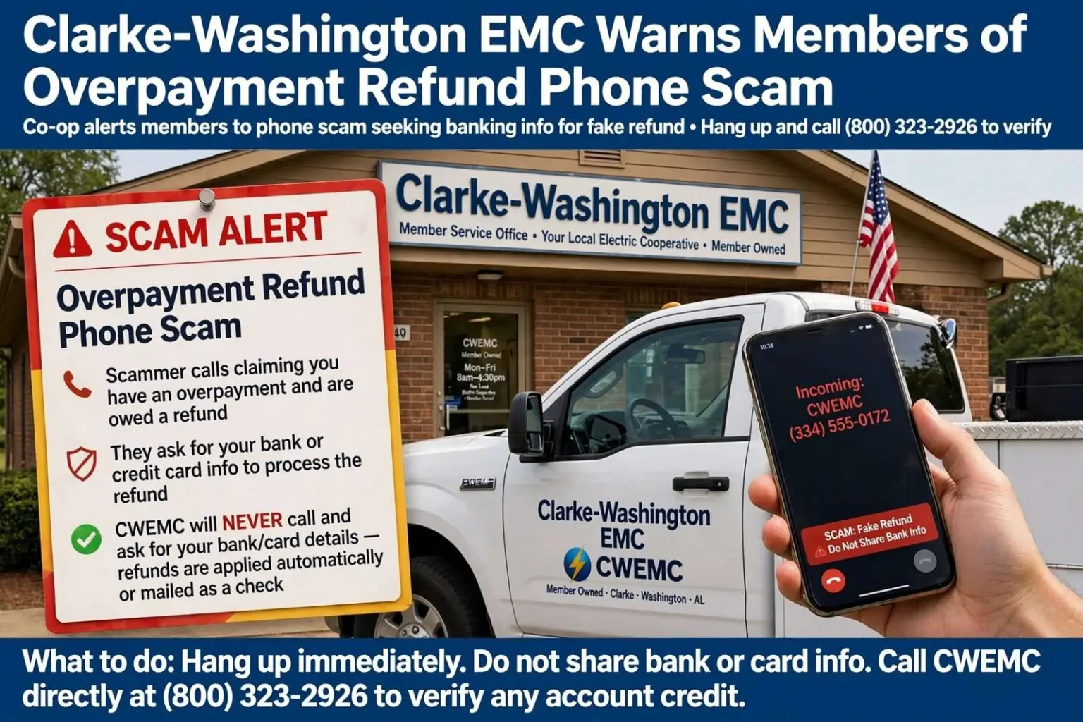 Illustration for the news story: Clarke-Washington EMC Warns Members of Overpayment Refund Phone Scam