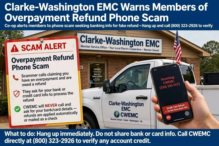Illustration for the news story: Clarke-Washington EMC Warns Members of Overpayment Refund Phone Scam