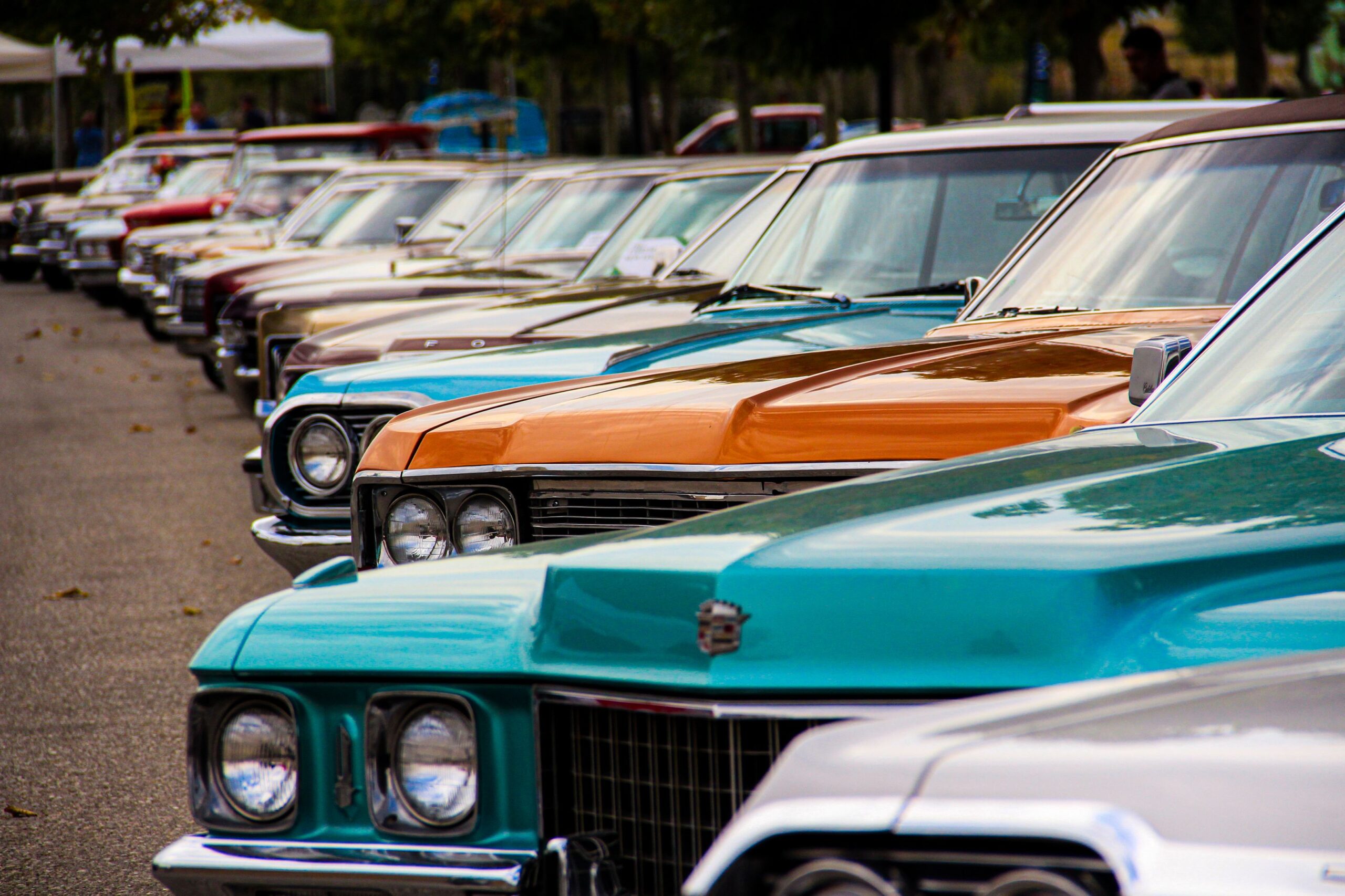 Row of colorful classic cars parked side by side on display at an outdoor car show