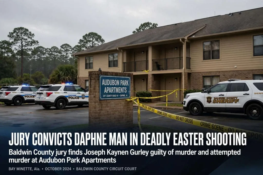 Illustration for the news story: Jury Convicts Daphne Man in Deadly Easter Shooting at Audubon Park Apartments