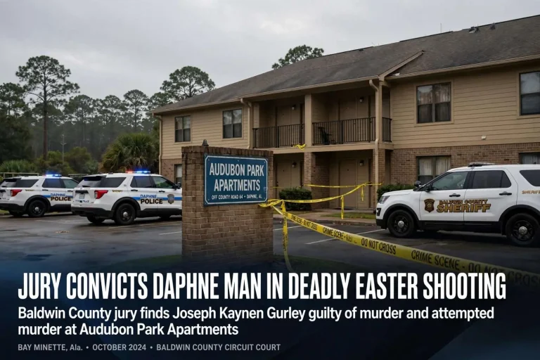 Illustration for the news story: Jury Convicts Daphne Man in Deadly Easter Shooting at Audubon Park Apartments
