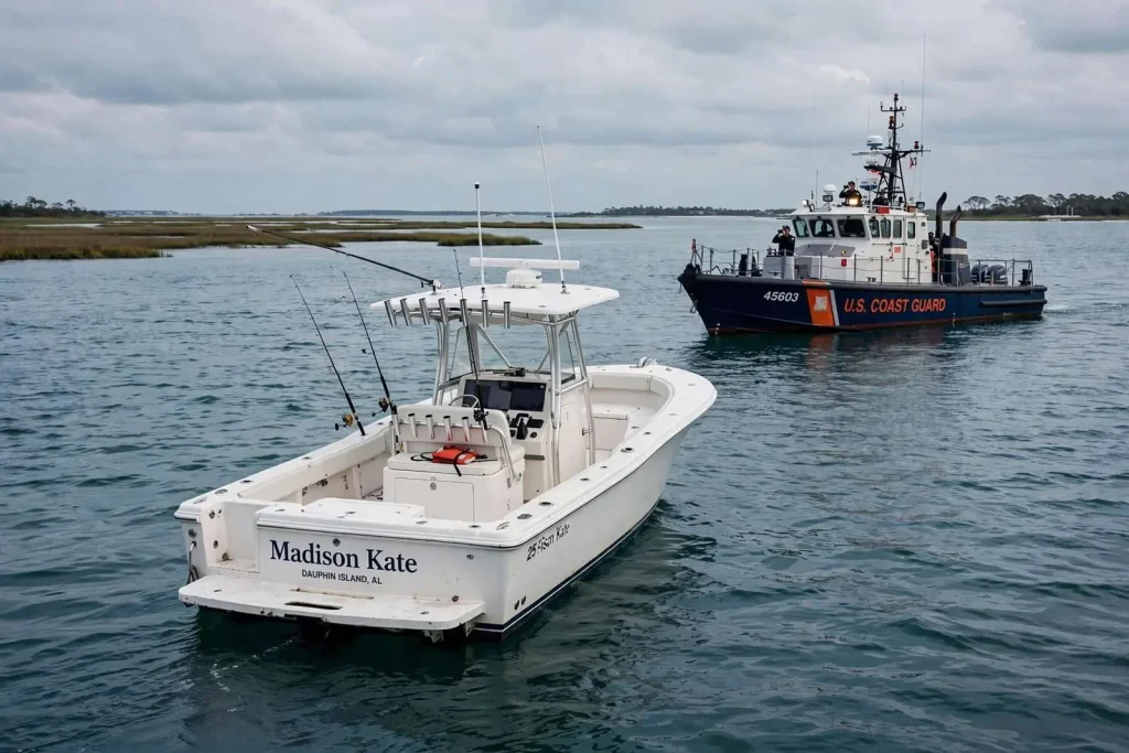 Illustration for the news story: Coast Guard Searching for Owner of Unmanned Boat Found South of Dauphin Island