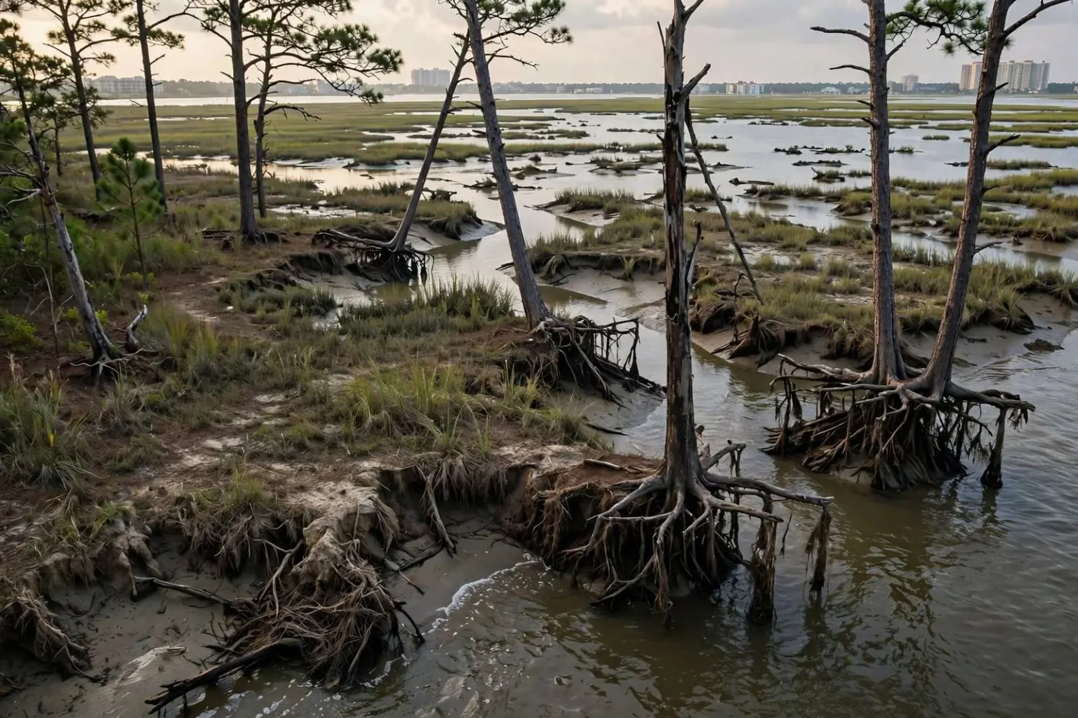 Illustration for the news story: 159 Football Fields of Marsh, Gone: Inside Coastal Alabama’s Slow-Motion Erosion Crisis
