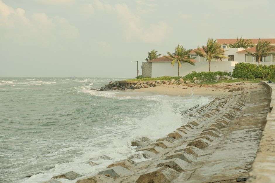 A seawall along a coastal shoreline