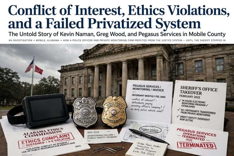 Illustration for the news story: Conflict of Interest, Ethics Violations, and a Failed Privatized System: The Untold Story of Kevin Naman, Greg Wood, and Pegasus Services in Mobile County