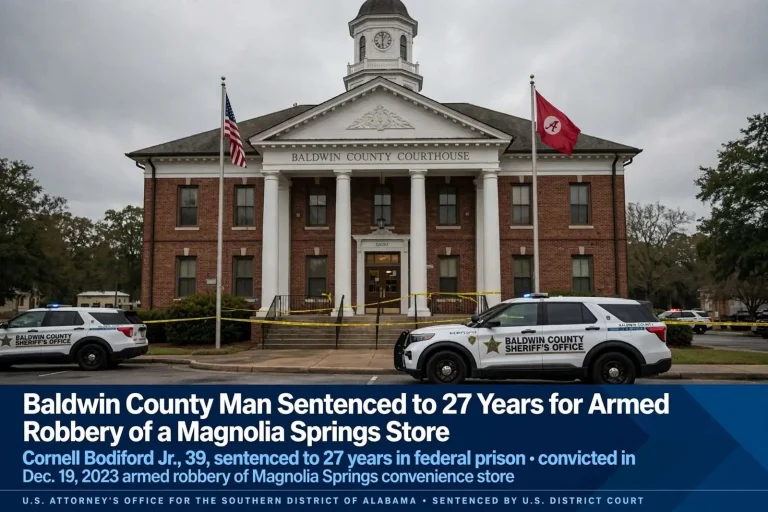 Illustration for the news story: Baldwin County Man Sentenced to 27 Years for Armed Robbery of a Magnolia Springs Store