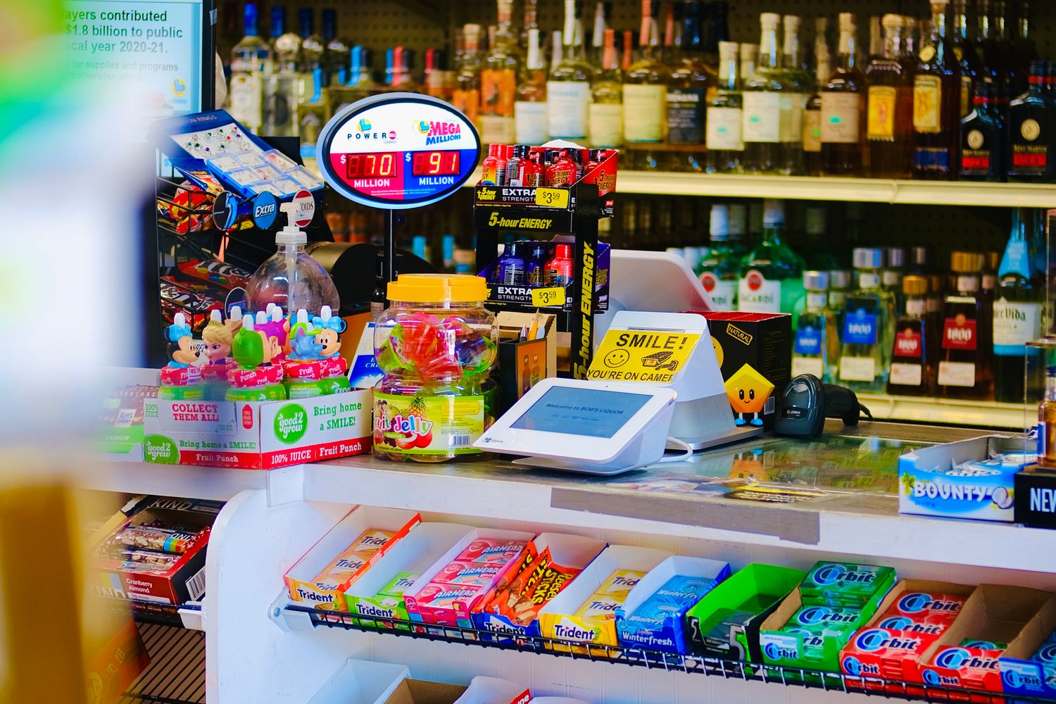 The counter of a package store along Highway 43 in Creola, Alabama