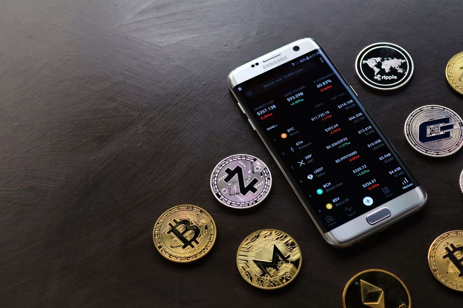 Cryptocurrency coins arranged next to a smartphone representing digital currency investing
