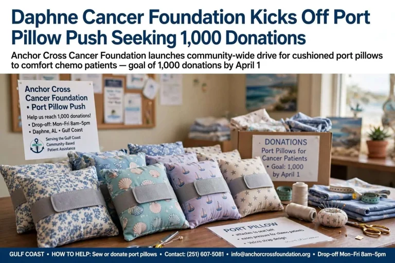 Illustration for the news story: Daphne Cancer Foundation Kicks Off Port Pillow Push Seeking 1,000 Donations