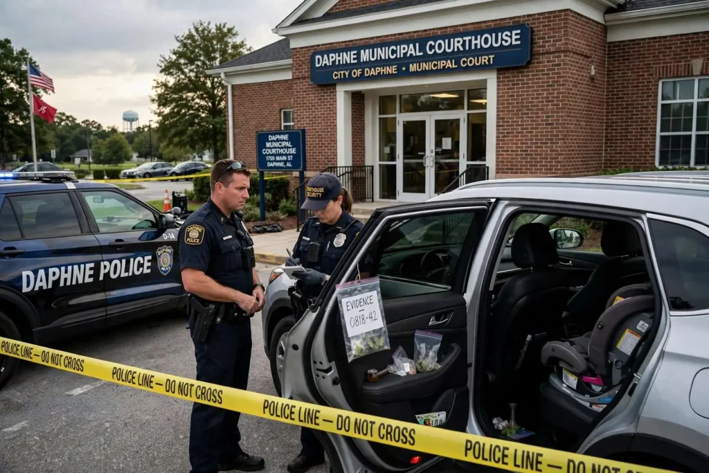 Illustration for the news story: Daphne Courthouse Security Officers Uncover Drugs in Car With Toddler Inside