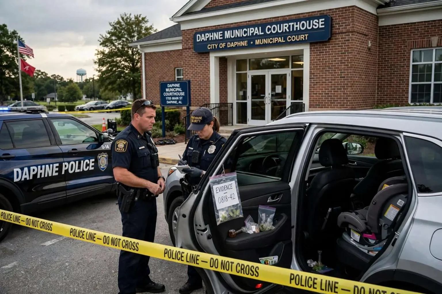 Illustration for the news story: Daphne Courthouse Security Officers Uncover Drugs in Car With Toddler Inside
