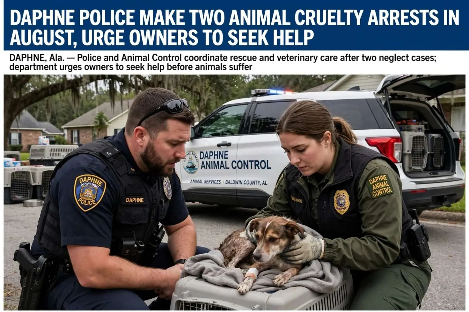 Illustration for the news story: Daphne Police Make Two Animal Cruelty Arrests in August, Urge Owners to Seek Help