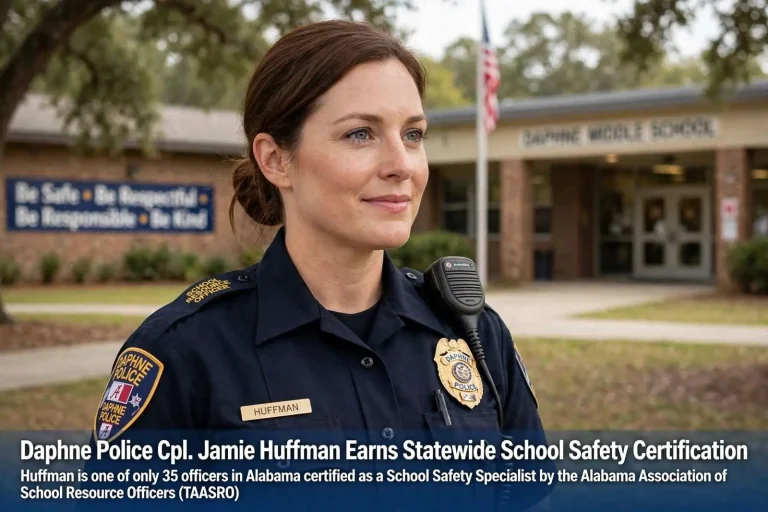Illustration for the news story: Daphne Police Cpl. Jamie Huffman Earns Statewide School Safety Certification