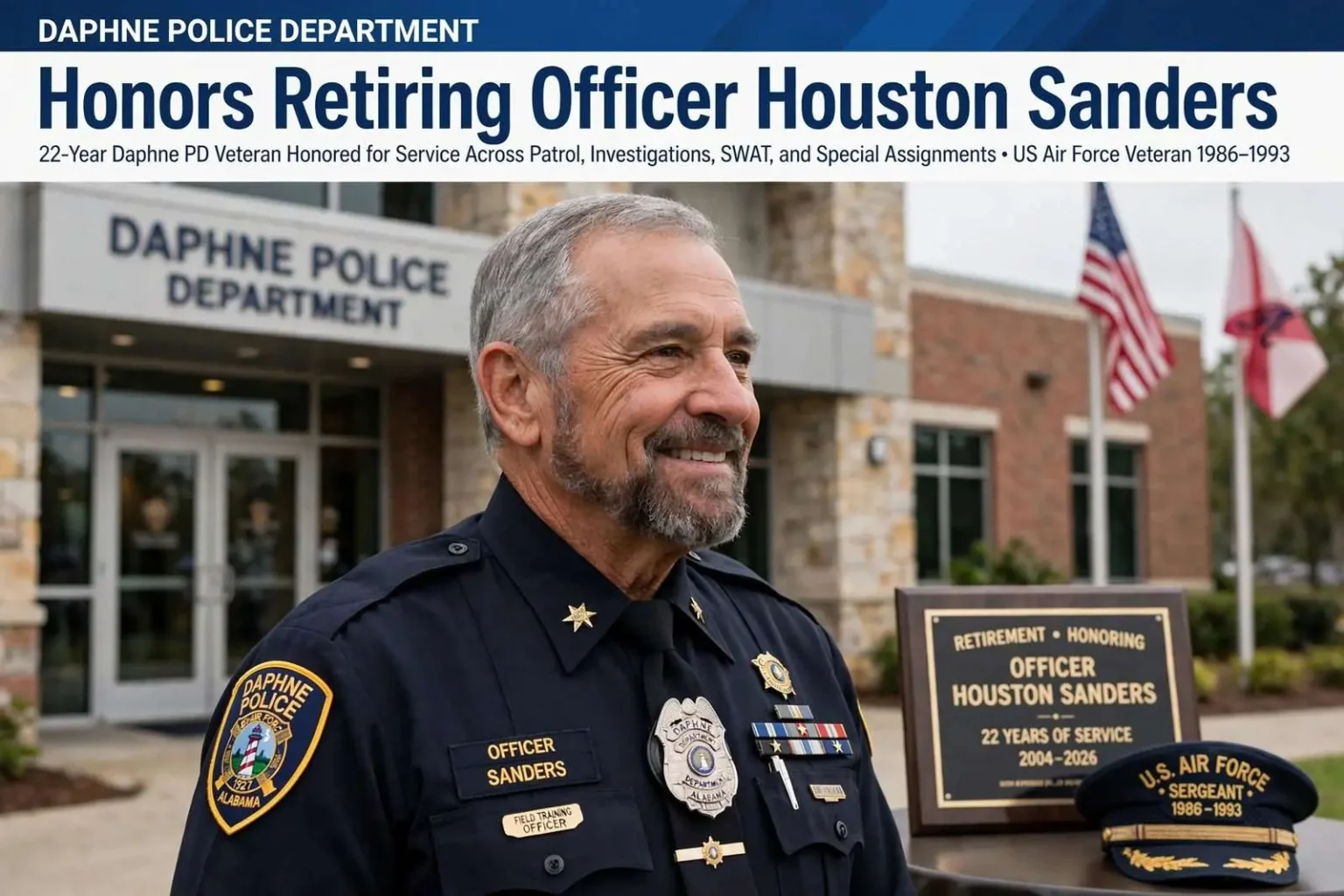 Illustration for the news story: Daphne Police Department Honors Retiring Officer Houston Sanders