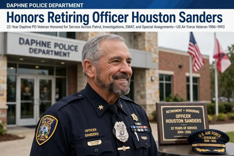 Illustration for the news story: Daphne Police Department Honors Retiring Officer Houston Sanders