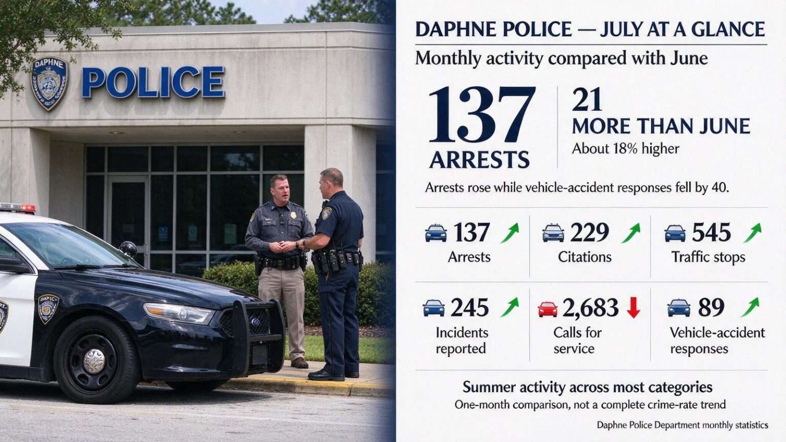 Illustration for the news story: Daphne Police Report 137 Arrests in July, a Rise From June
