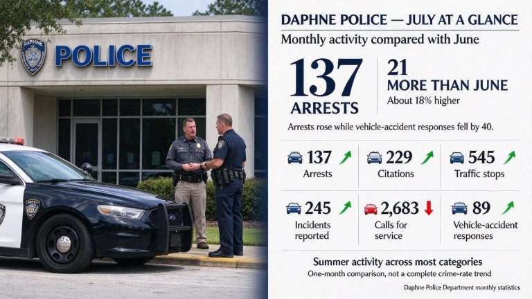 Illustration for the news story: Daphne Police Report 137 Arrests in July, a Rise From June