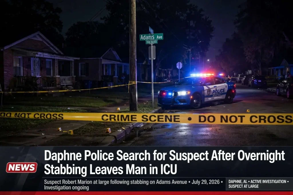 Illustration for the news story: Daphne Police Search for Suspect After Overnight Stabbing Leaves Man in ICU