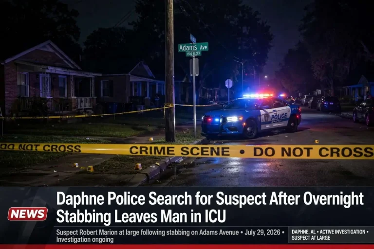Illustration for the news story: Daphne Police Search for Suspect After Overnight Stabbing Leaves Man in ICU