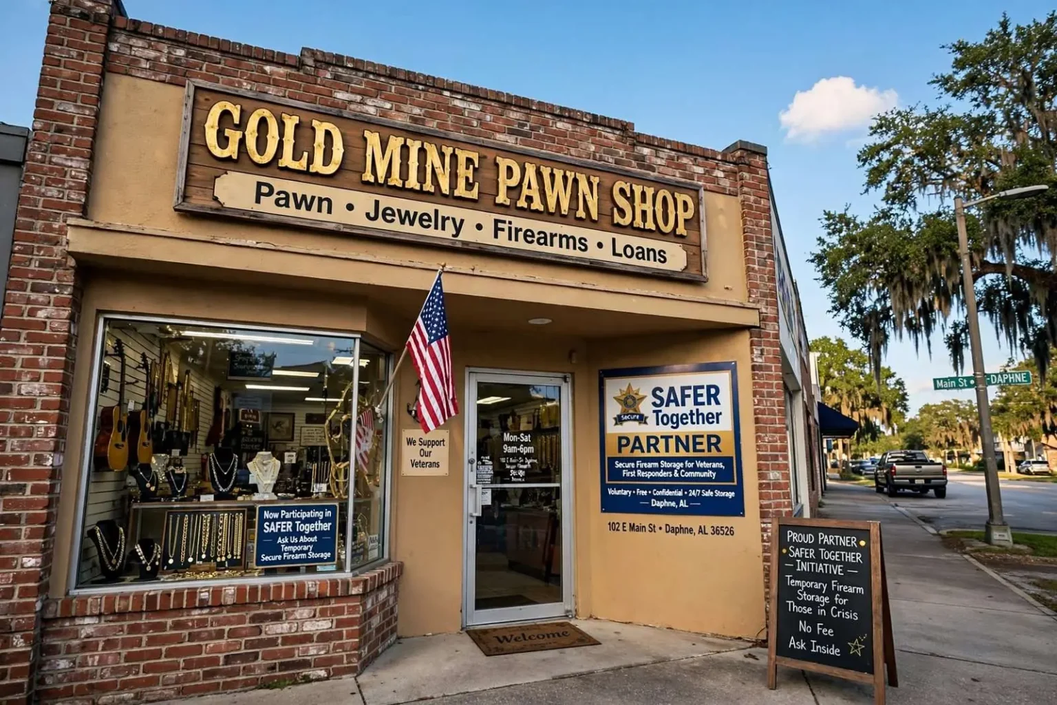 Illustration for the news story: Daphne’s Gold Mine Pawn joins statewide SAFER Together firearm-storage initiative for veterans in crisis