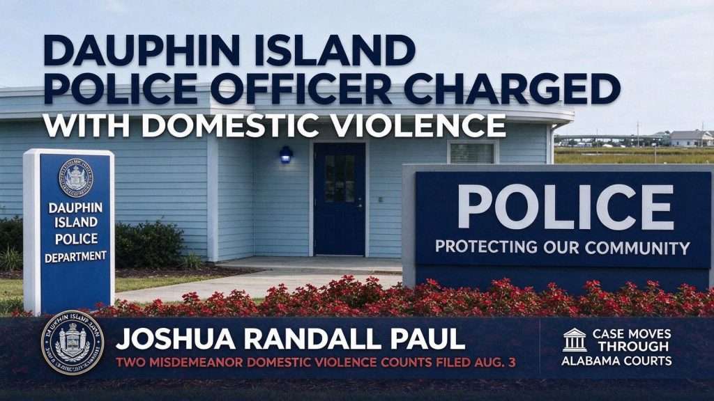 Illustration for the news story: Dauphin Island Police Officer Charged With Domestic Violence
