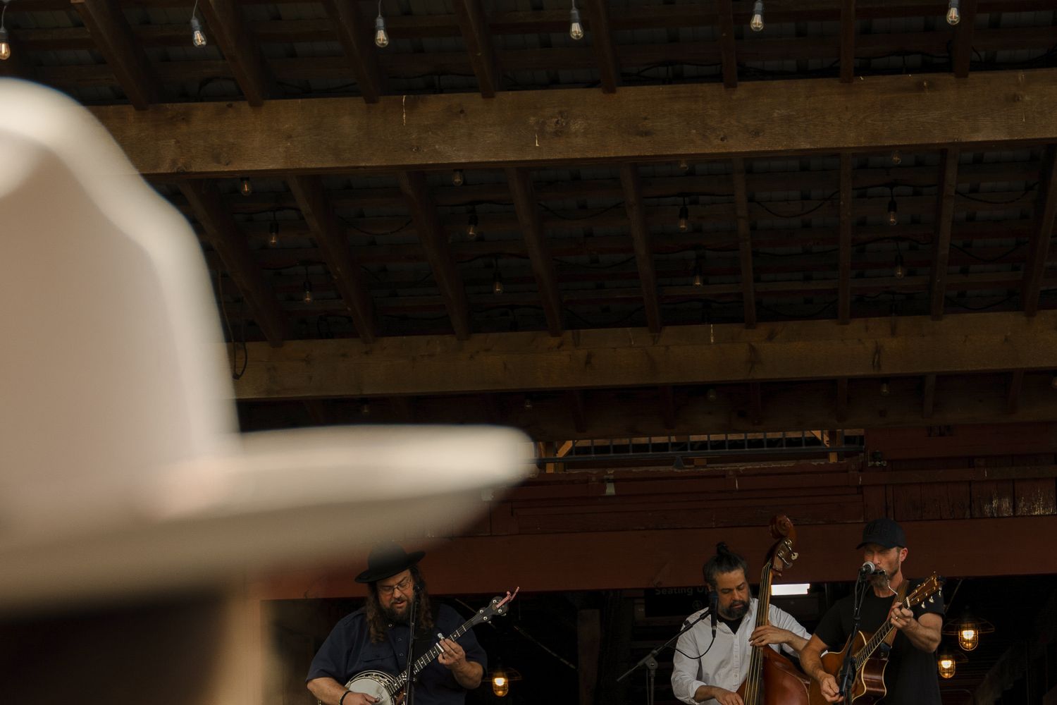 Musicians performing bluegrass and acoustic music on a stage