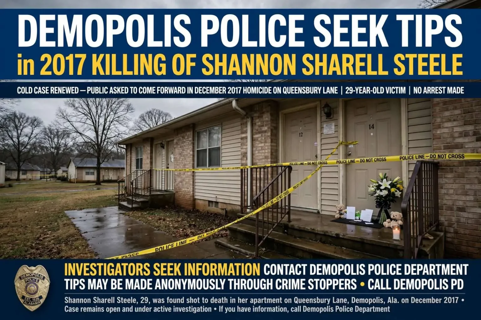 Illustration for the news story: Demopolis Police Seek Tips in 2017 Killing of Shannon Sharell Steele